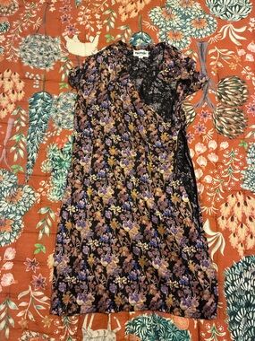 Rouje Black Floral Wrap Dress with Purple and Yellow Blooms